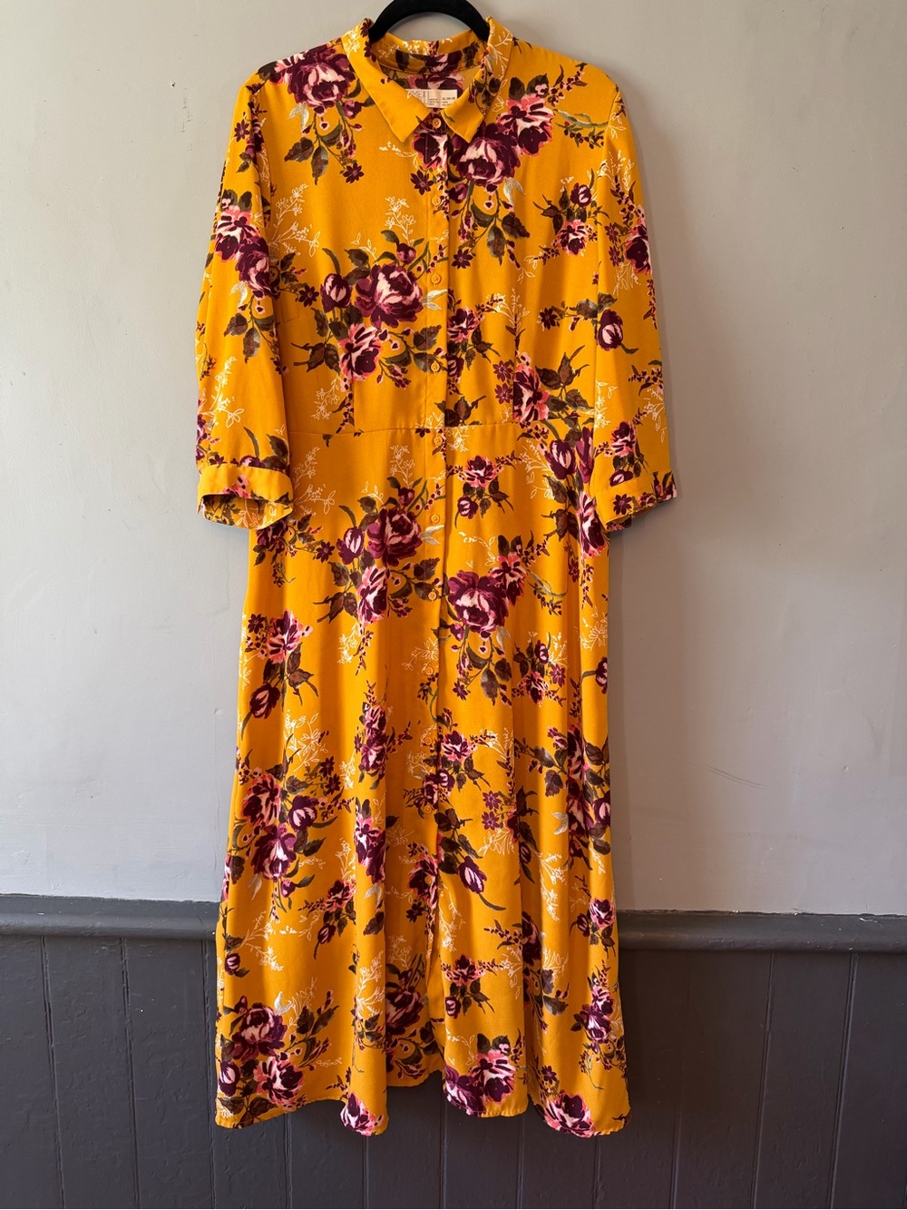 Time and Tru Mustard Yellow Floral Button-Front Maxi Dress